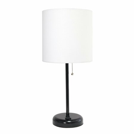 CREEKWOOD HOME Oslo 19.5in Contemporary Bedside Power Outlet Base Metal Table Lamp, Black, White Drum Fabric Shade CWT-2008-BA